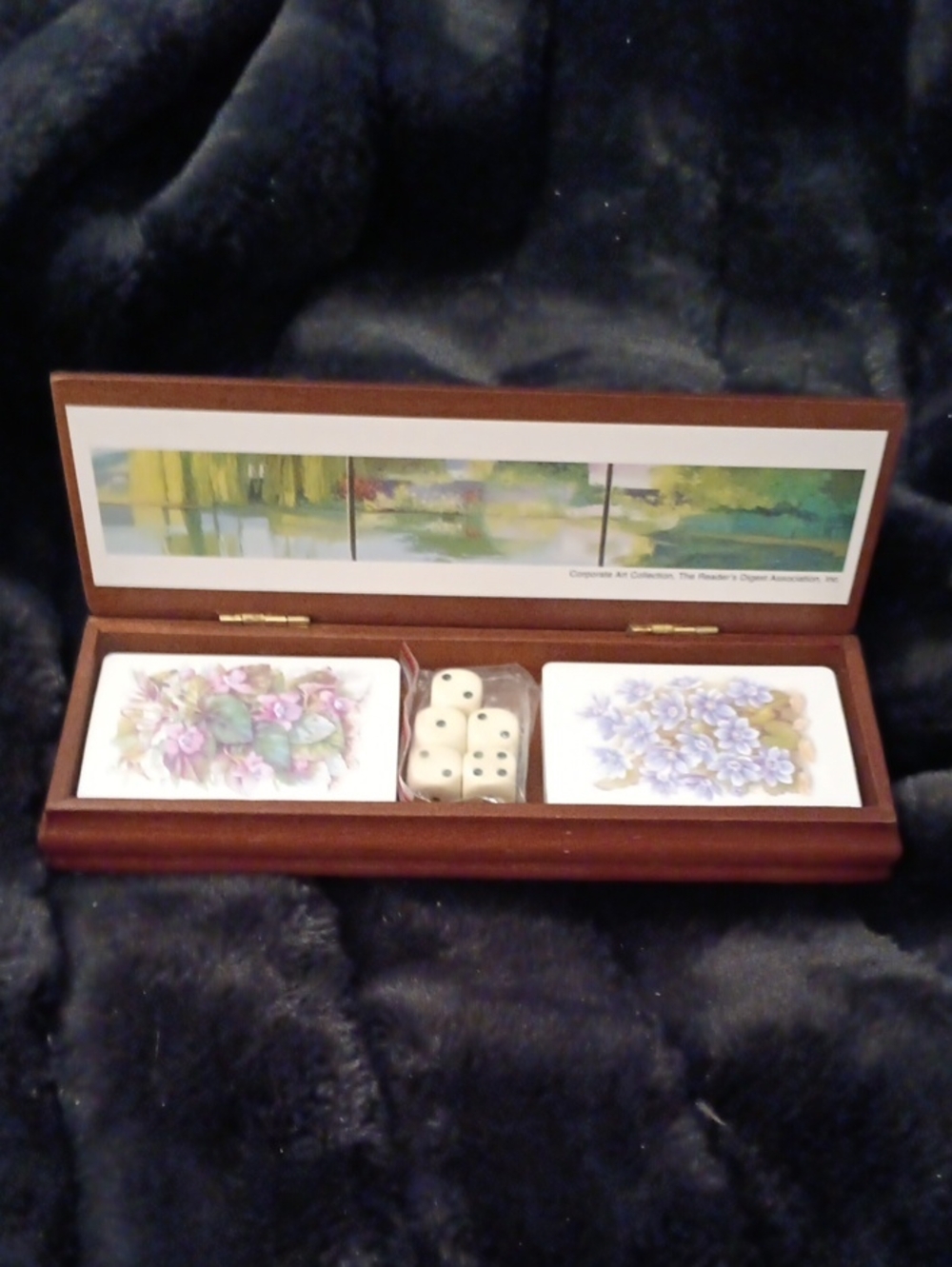Floral Card Game Set in Brown Wooden Case